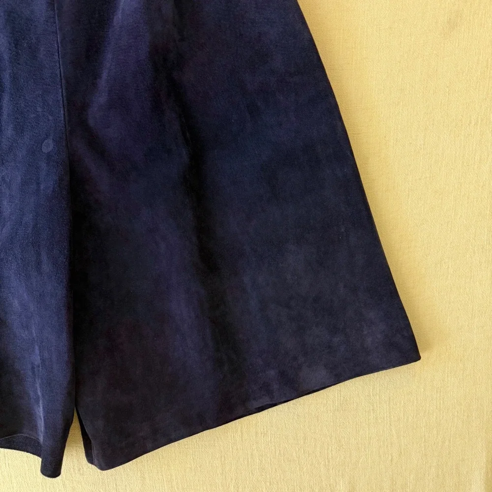 Kenar Vintage 90s High Waisted Suede Leather Pleated Shorts Women 4 Navy Blue